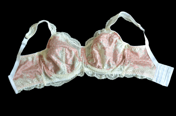pink and cream white lace bra