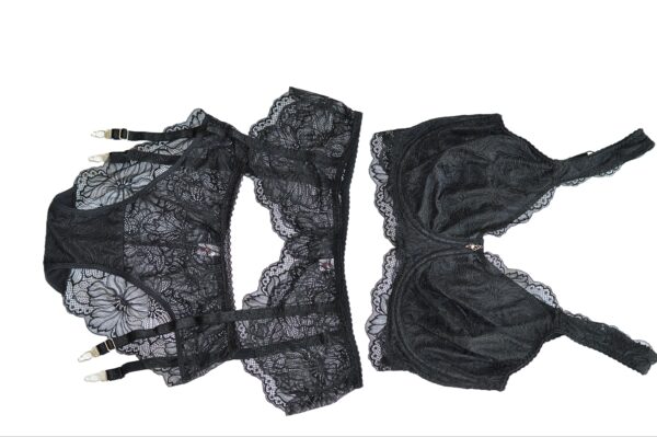 Black lace wired bra, garter belt and panty set