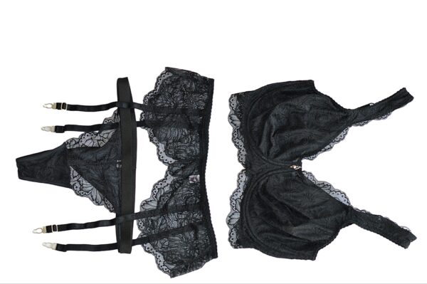 Black lace wired bra, garter belt and panty set